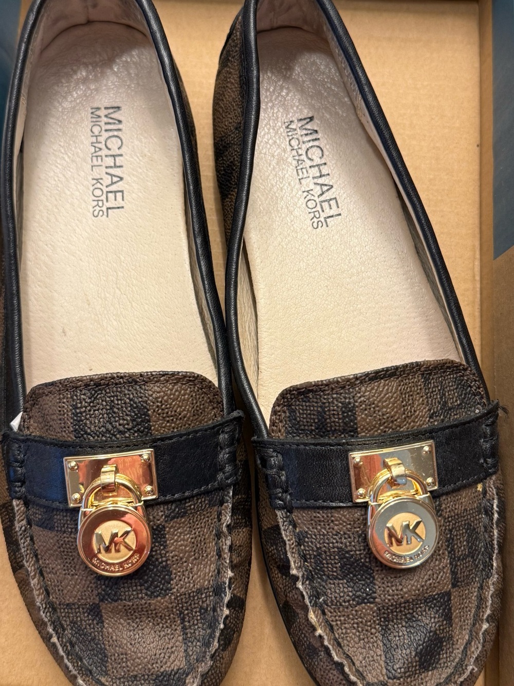 Michael Kors Brown and Black Logo Moccasin Flats with Gold Hardware